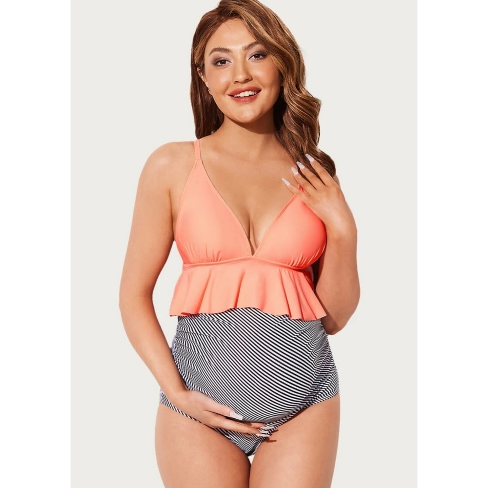 NEW Summer Mae Maternity Tummy Control Ruffled One Piece Deep V Striped Swimsuit